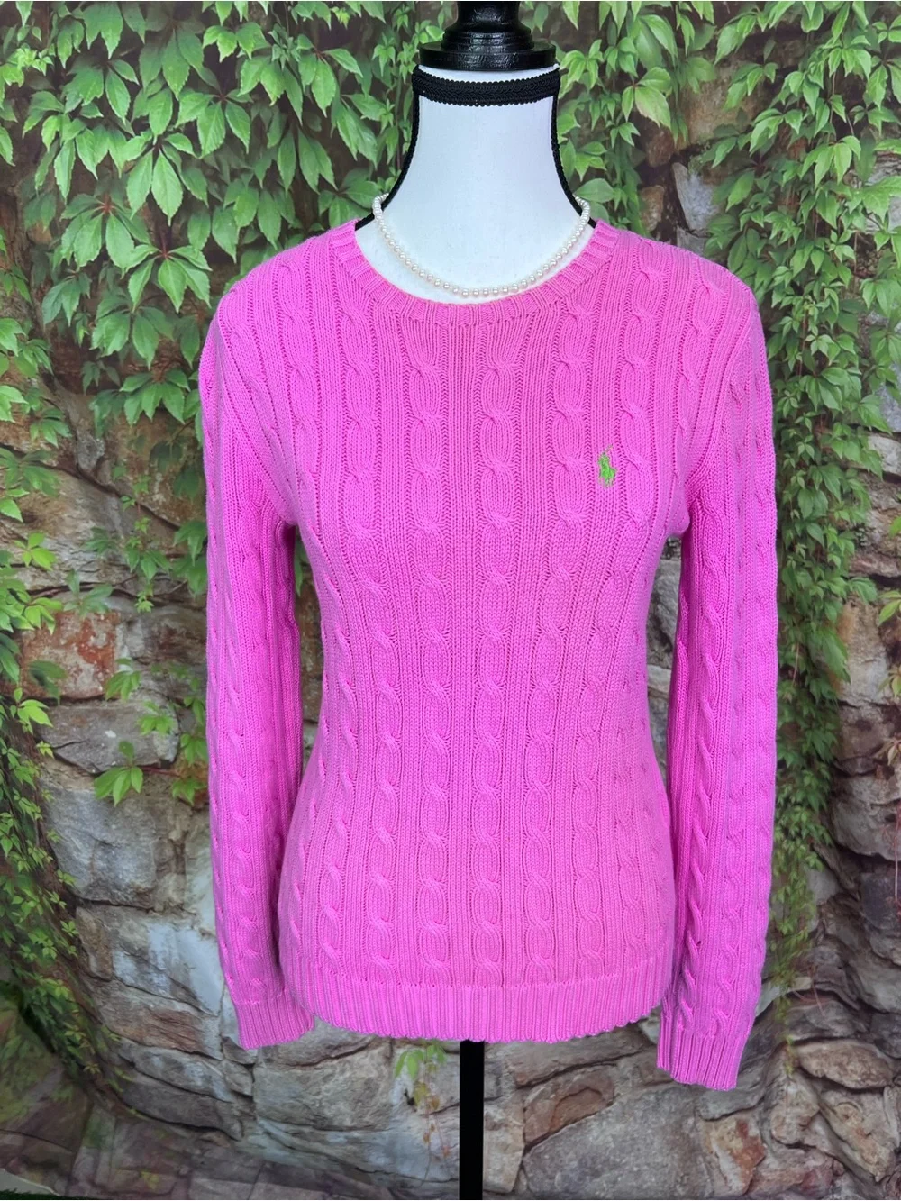 VINTAGE RALPH LAUREN Luxury Pink Cabled Preppy Polo Logo Crewneck Sweater, M - Picture 3 of 11